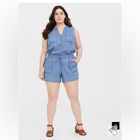 Torrid Drawstring Waist Romper - Medium Wash Chambray Denim Size 1 - Picture 1 of 13